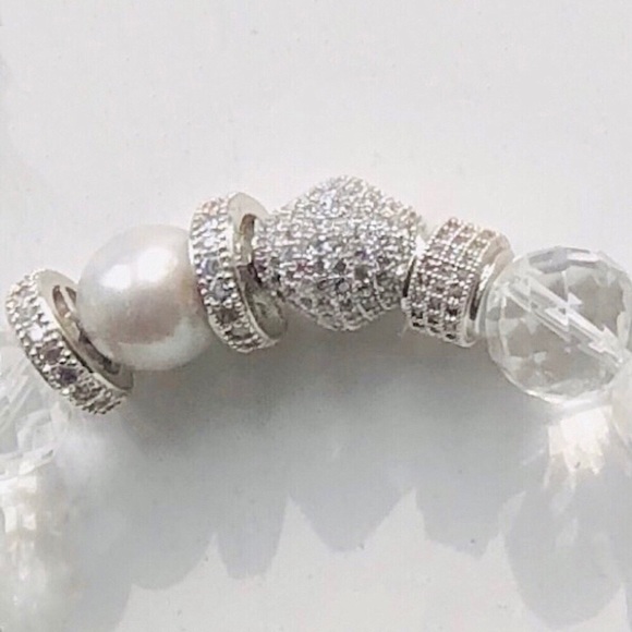 Pave Cubic Zirconia, Pearl, Heavyweight Crystal, & Silver Stretch Bracelet - Picture 3 of 5